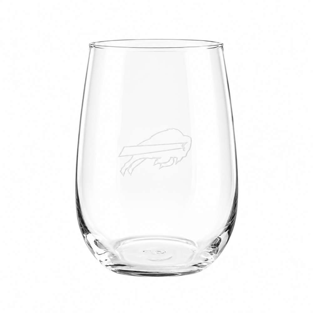 Buffalo Bills Crate & Barrel NFL Aspen 17oz Stemless Wine Glass, Set of 4 features a clear stemless glass etched with the Bills charging buffalo logo