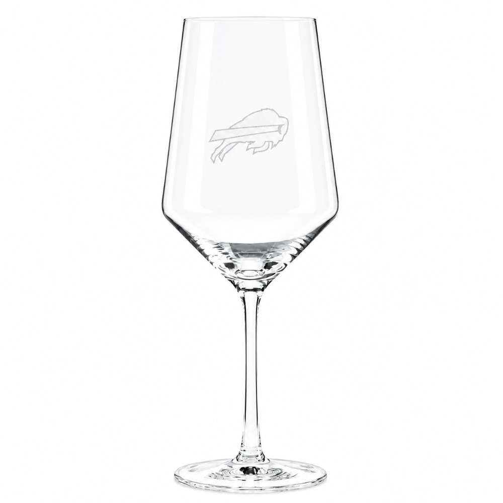 Buffalo Bills Crate & Barrel NFL Tour 18oz Red Wine Glass, Set of 4 featuring the Bills charging buffalo logo etched on a clear stemmed wine glass