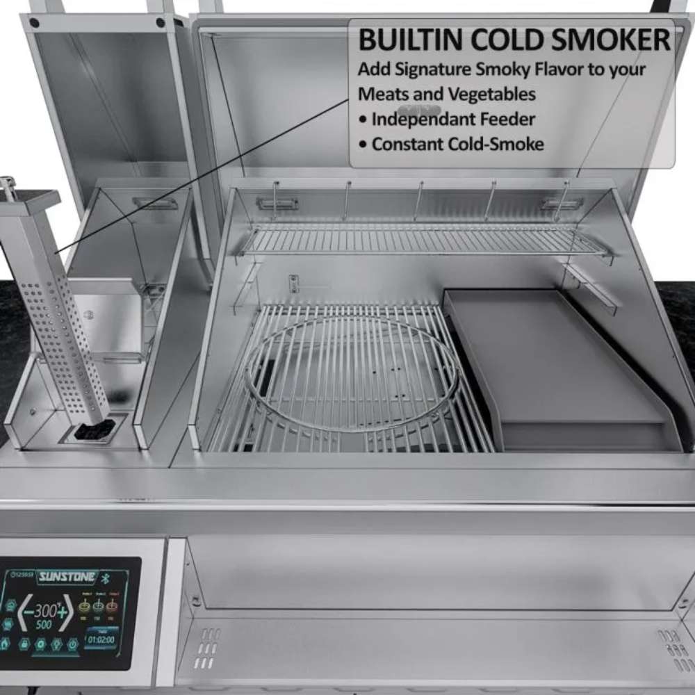 Built-in cold smoker feature inside the grill of the Sunstone Cypress 11.6FT Outdoor Cabinet large Island Package