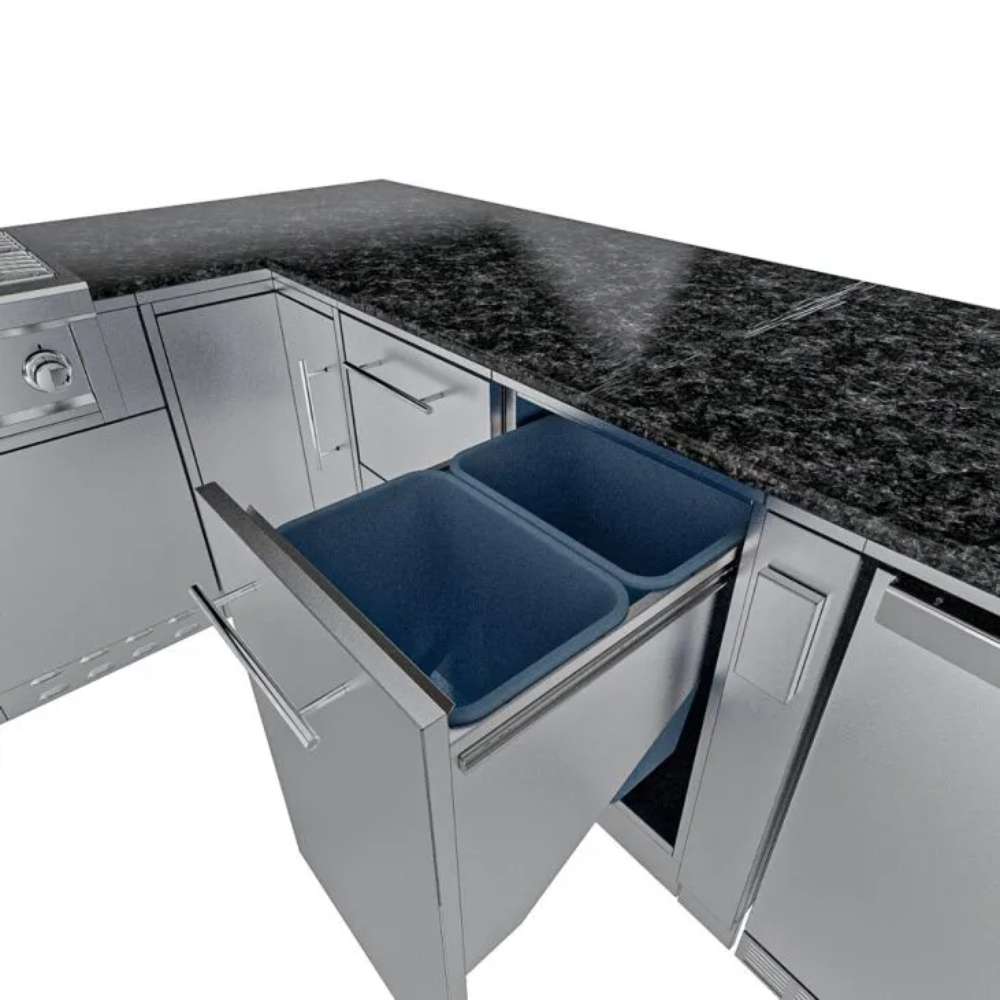 Built-in trash drawer of Sunstone Rancher L-Shaped 8′11″ × 11′ Outdoor Kitchen Package with dual bins for waste sorting