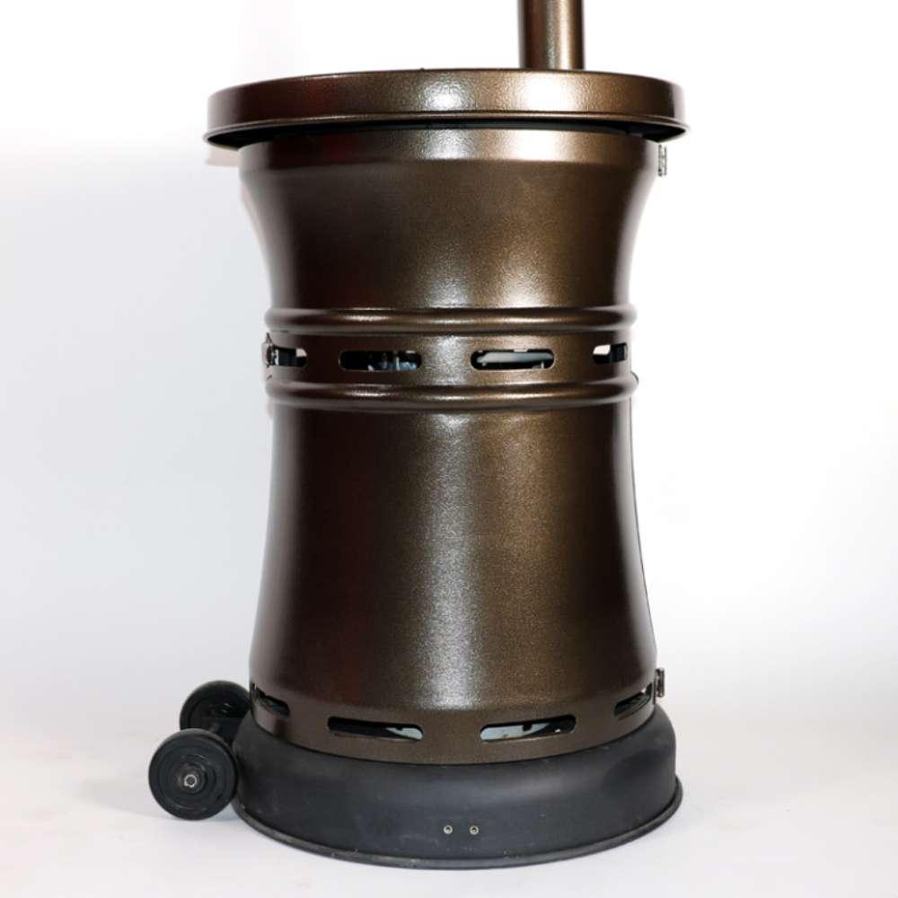 Built-in wheels and ventilation openings are visible on the bronze base of the Outdoor Order Curve Infrared Heater