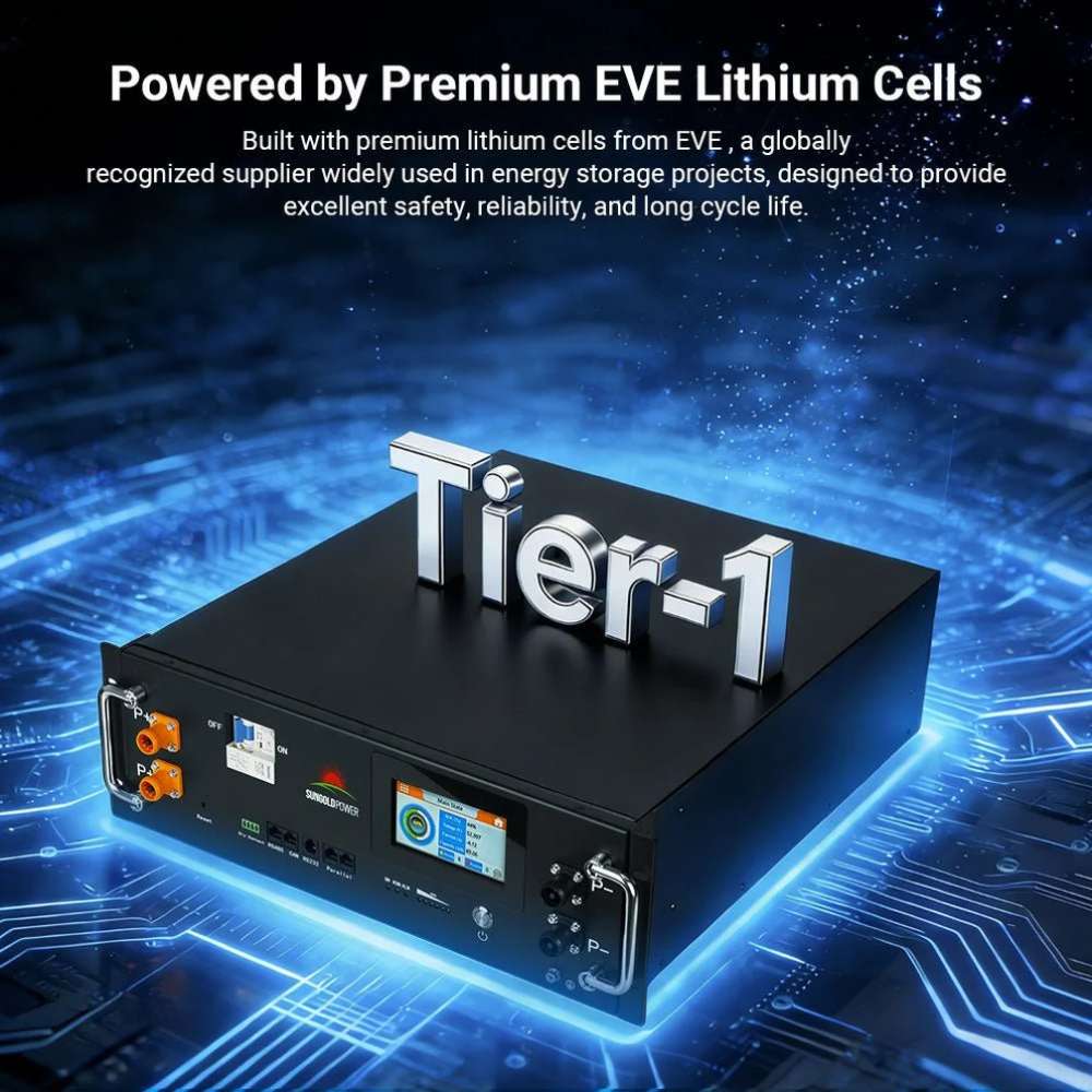 Built with Tier-1 EVE lithium cells, Sun Gold Power CoreX 5 Pro Server Rack 48V 100Ah Residential Energy Storage Battery Pack emphasizes reliable energy storage