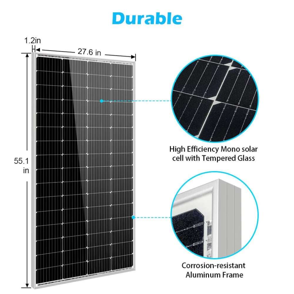 Built with tempered glass and a corrosion-resistant aluminum frame, Sun Gold Power 200W Monocrystalline Solar Panel is shown with its overall dimensions