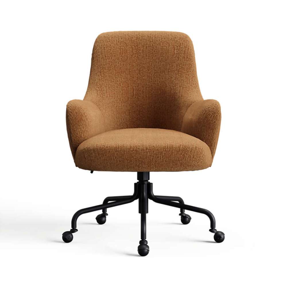 Burnt Sienna Monet Recycled Chenille Crate & Barrel Bellevue Upholstered Office Chair in burnt sienna chenille with a curved back and caster base