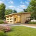 Exterior view of the Caddie 44A ALU ISO garden room with a parked golf cart, flowering plants, green lawn, and mature trees.