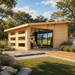 Caddie 44A ALU ISO backyard golf simulator with two people, surrounded by Texas Hill Country landscaping on a bright sunny afternoon.