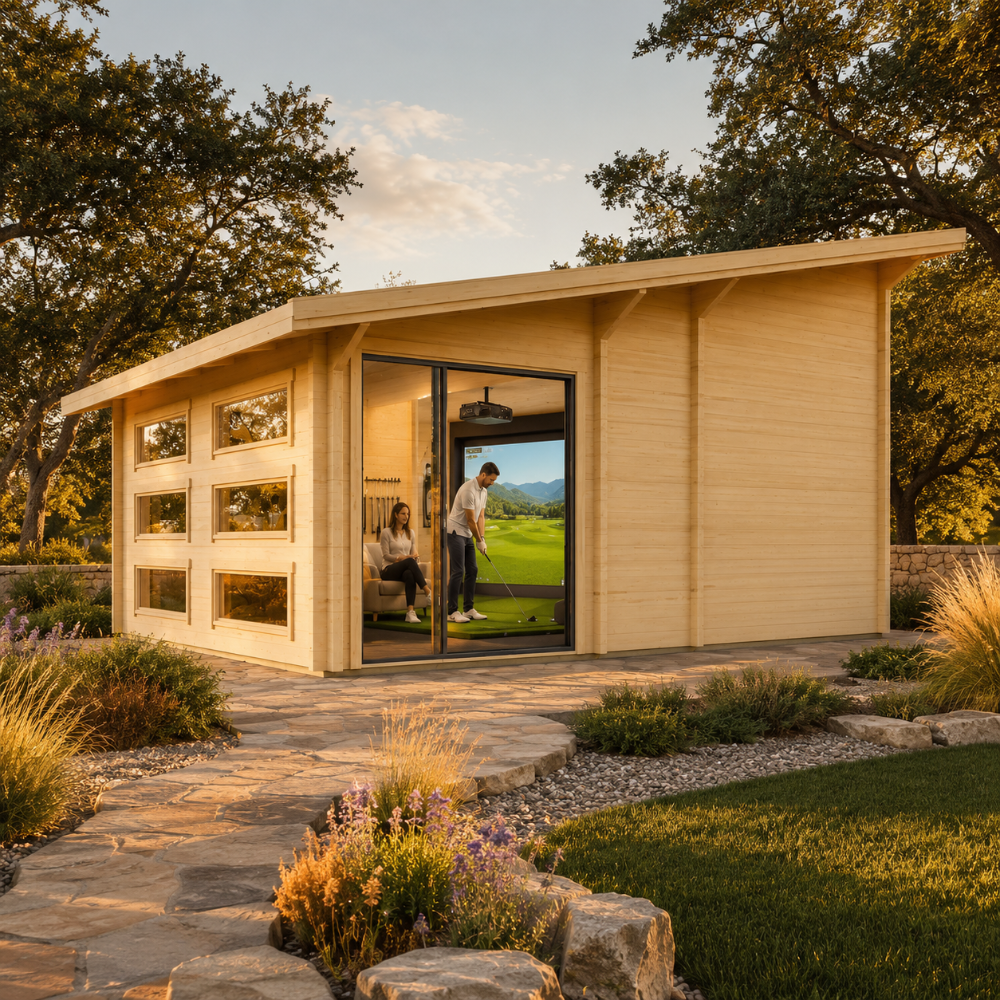 Caddie 44A ALU ISO premium golf simulator room viewed from a different angle during golden hour in a landscaped Texas Hill Country backyard.