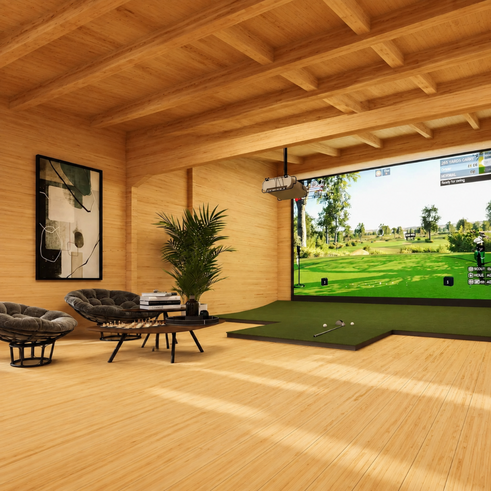 Inside view of the Caddie 44A ALU ISO featuring a wooden interior, golf simulator, lounge chairs, coffee tables, indoor plant, and projector.