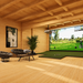 Inside view of the Caddie 44A ALU ISO featuring a wooden interior, golf simulator, lounge chairs, coffee tables, indoor plant, and projector.