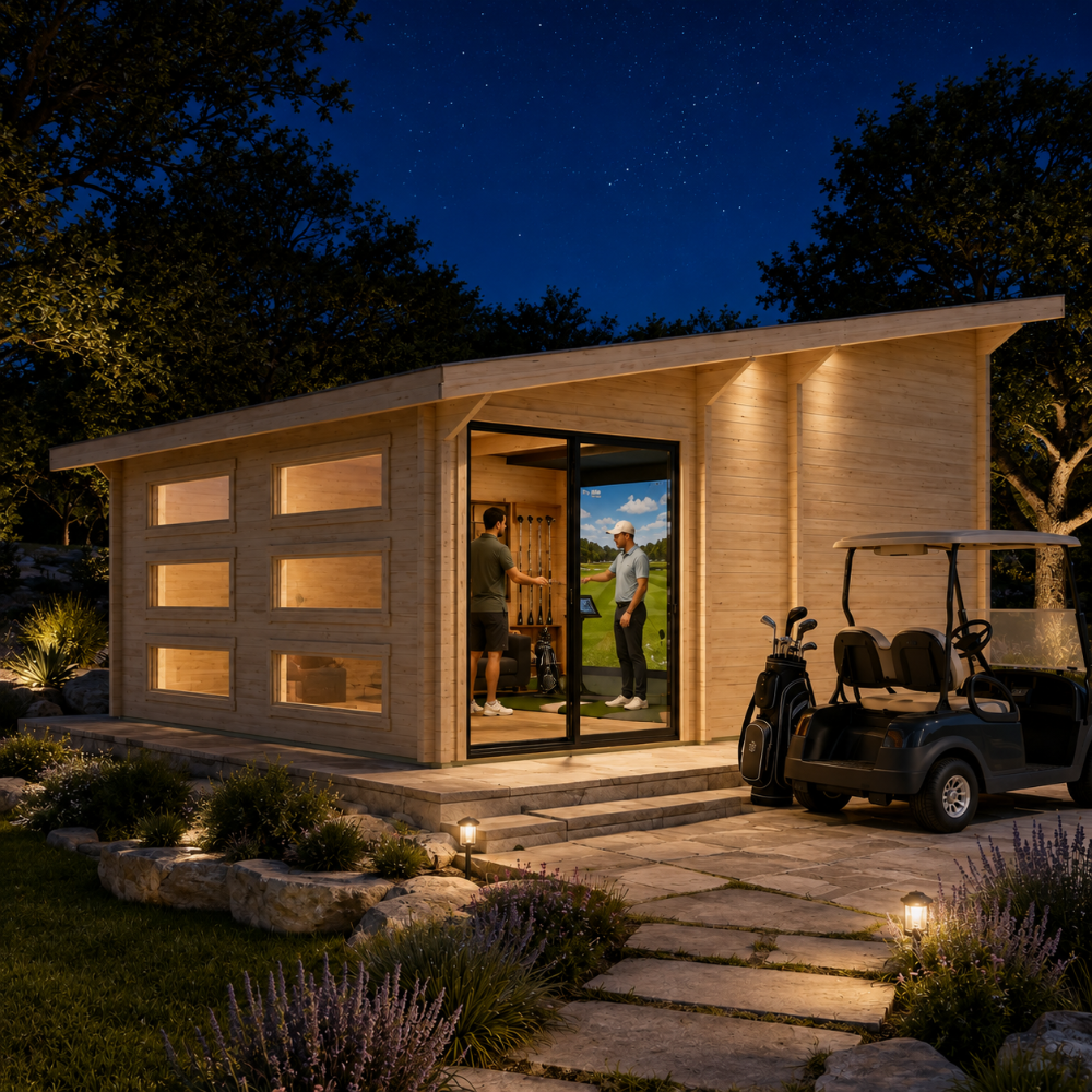 Illuminated Caddie 70A ALU ISO golf simulator room at night with two golfers selecting a club and reviewing shot data during a coaching session.