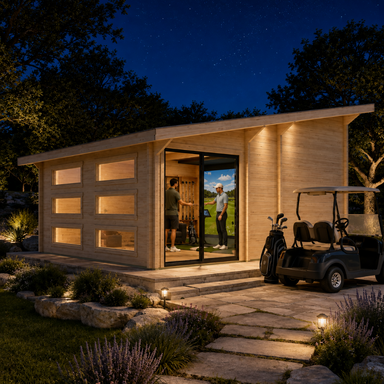 Illuminated Caddie 70A ALU ISO golf simulator room at night with two golfers selecting a club and reviewing shot data during a coaching session.