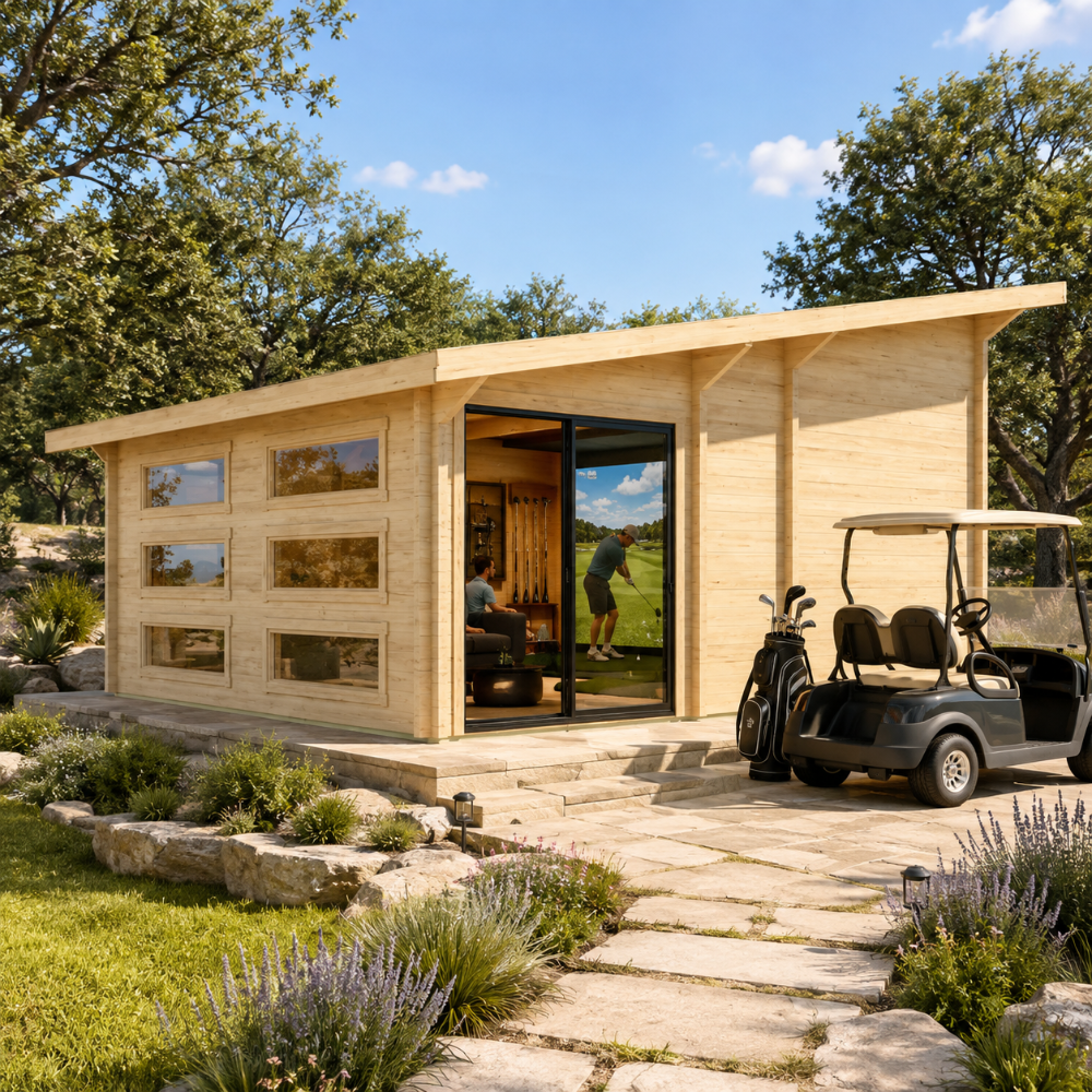 Caddie 70A ALU ISO golf simulator room with a golfer taking a shot, a companion watching, golf equipment, and a cart outside in a sunny Texas Hill Country backyard.
