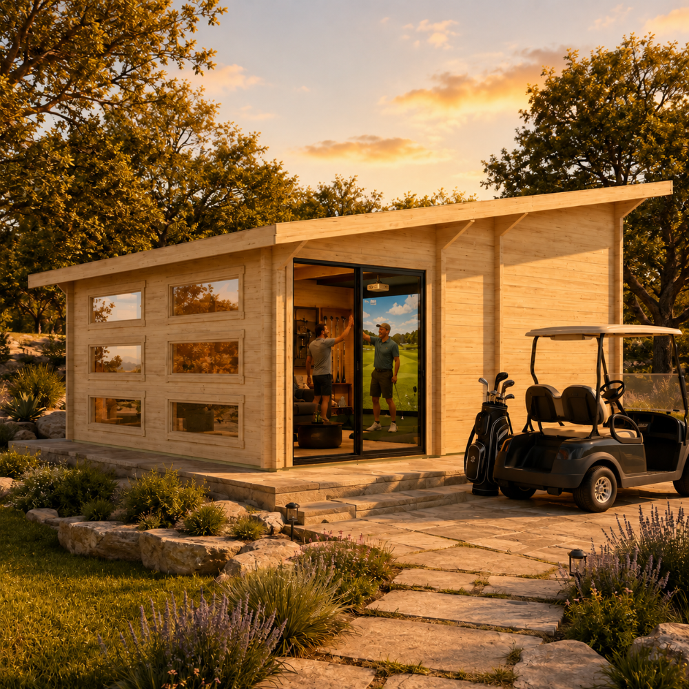 Caddie 70A ALU ISO golf simulator room at golden hour with two golfers celebrating a successful shot with a high-five.