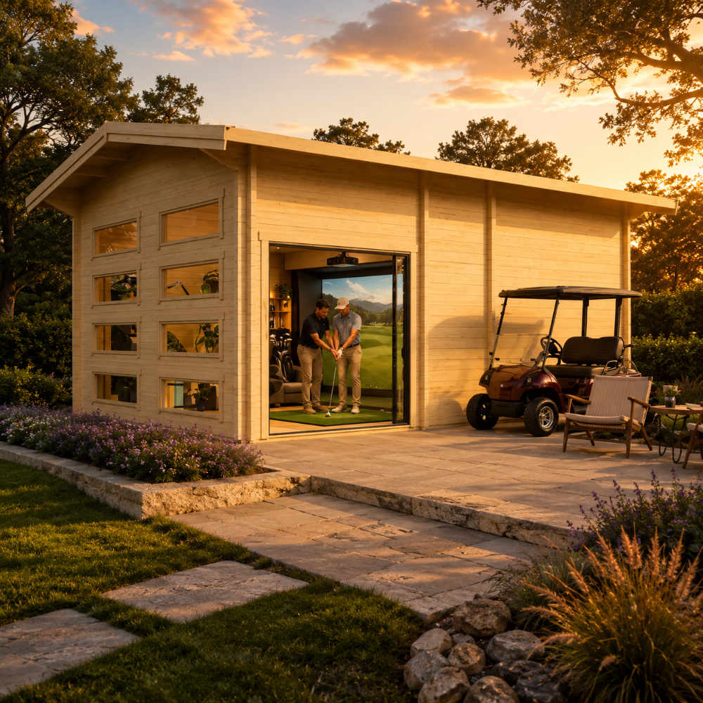 Caddie 70B ALU ISO golf simulator room at golden hour with an instructor helping a golfer adjust their grip.