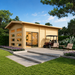 Exterior view of the Caddie 70B ALU ISO garden room with eight windows, a glass sliding entrance, parked golf cart, patio seating, flowering plants, and landscaped lawn.