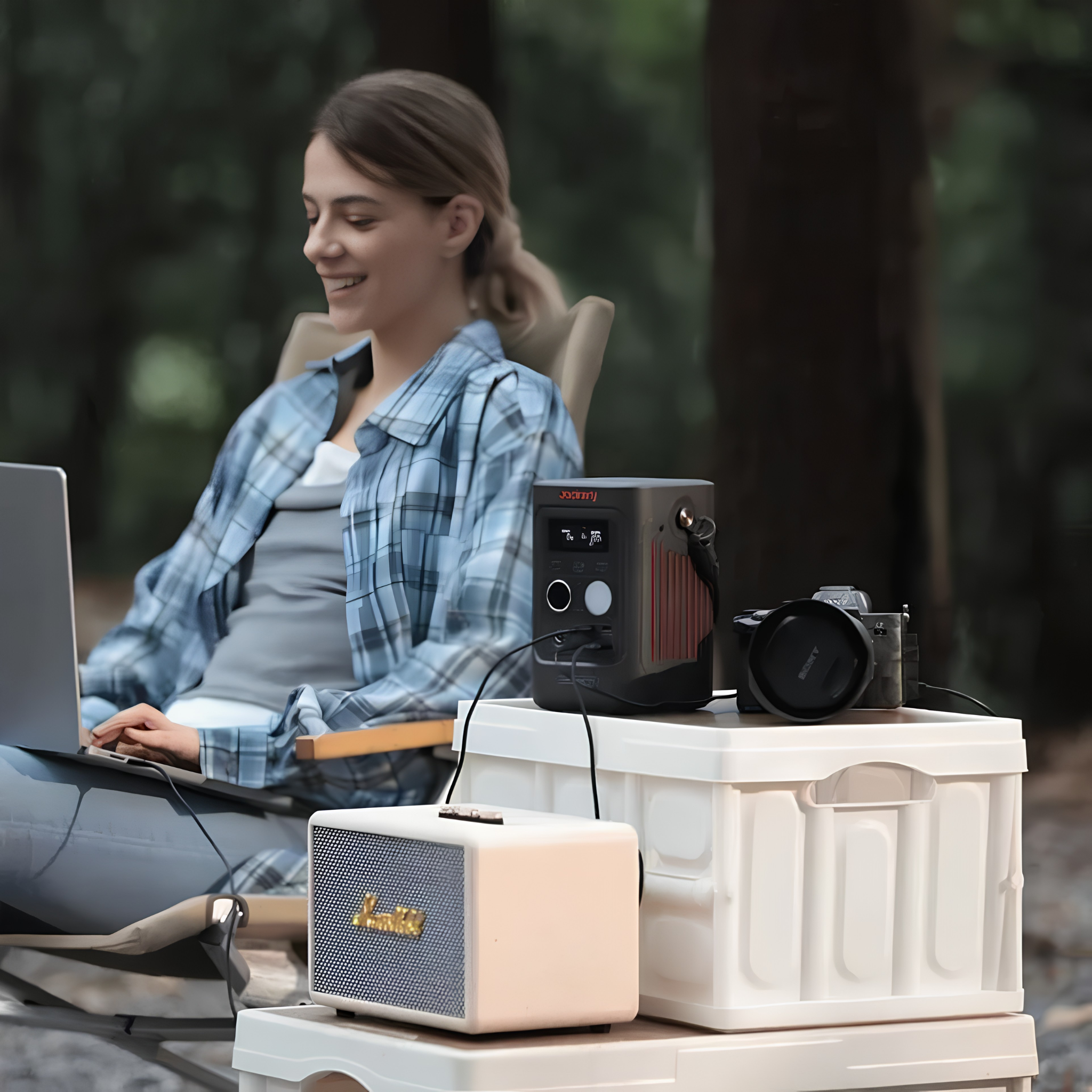 Camper uses a laptop while Jackery Explorer 300D Portable Power Station powers devices on a campsite table