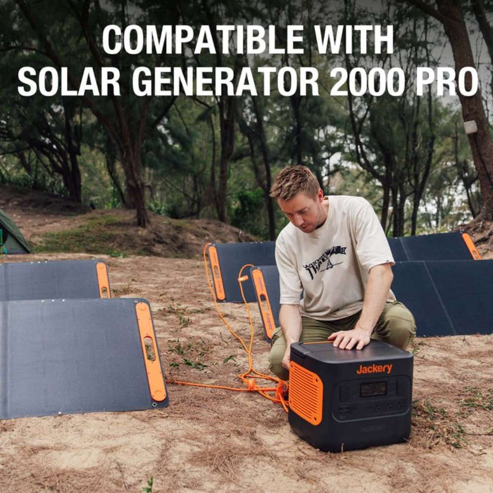 Camping setup using Jackery Solar Panel Connector to link multiple solar panels to a portable power station
