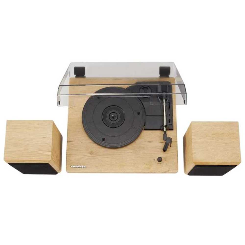 Captured from above, the Crosley Brio Turntable System - Natural highlights its wooden finish, clear dust cover, and two stereo speakers