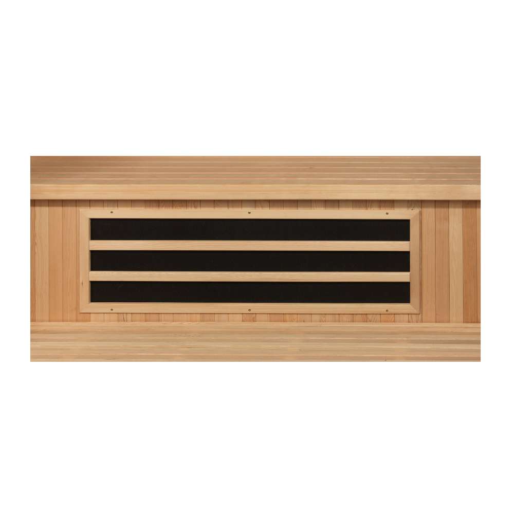 Carbon heater panel in a wood frame that sits below the bench of Golden Designs Dynamic Barcelona 1-2 Person Low EMF Far Infrared Sauna