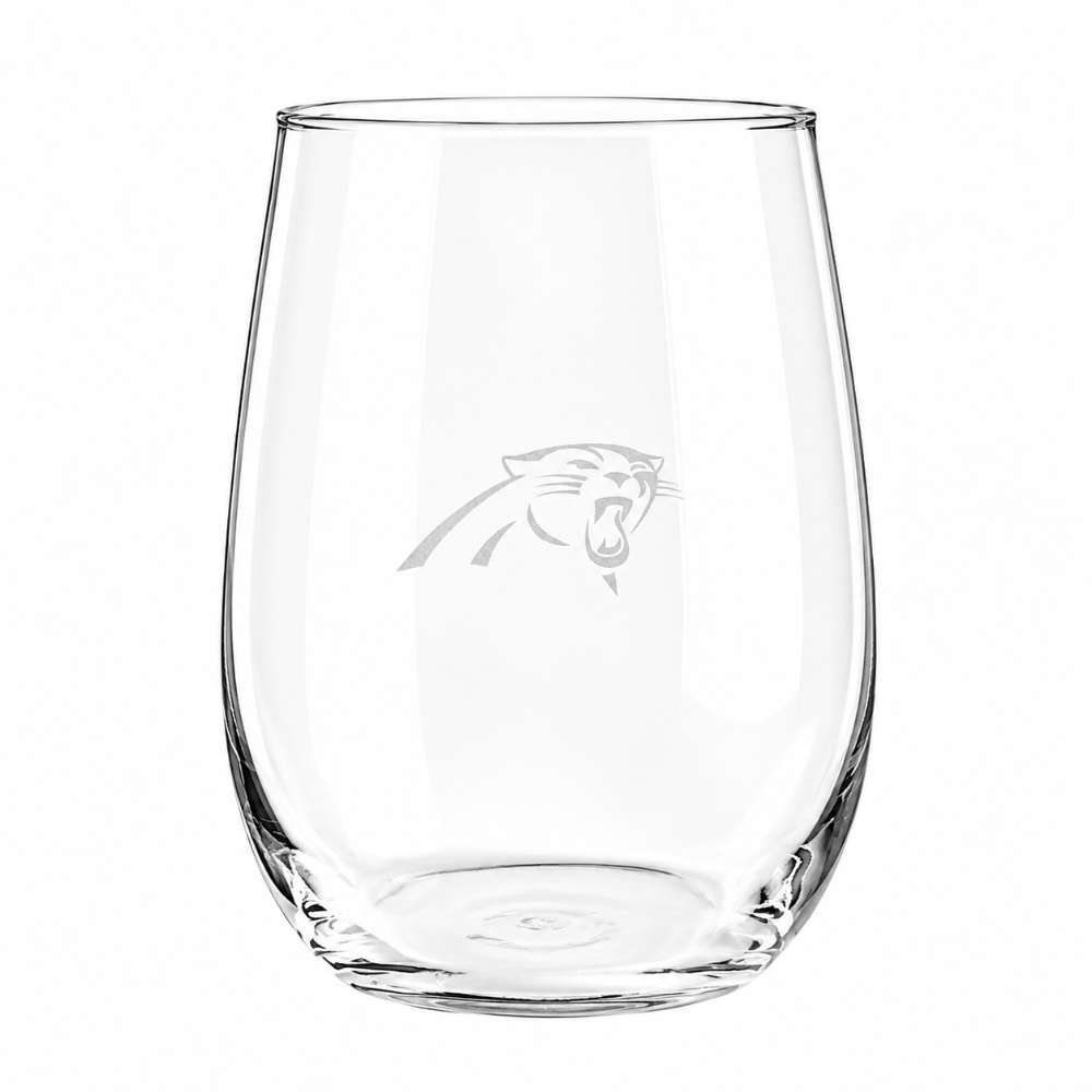 Carolina Panthers Crate & Barrel NFL Aspen 17oz Stemless Wine Glass, Set of 4 features a clear stemless glass etched with the Panthers roaring panther-head logo