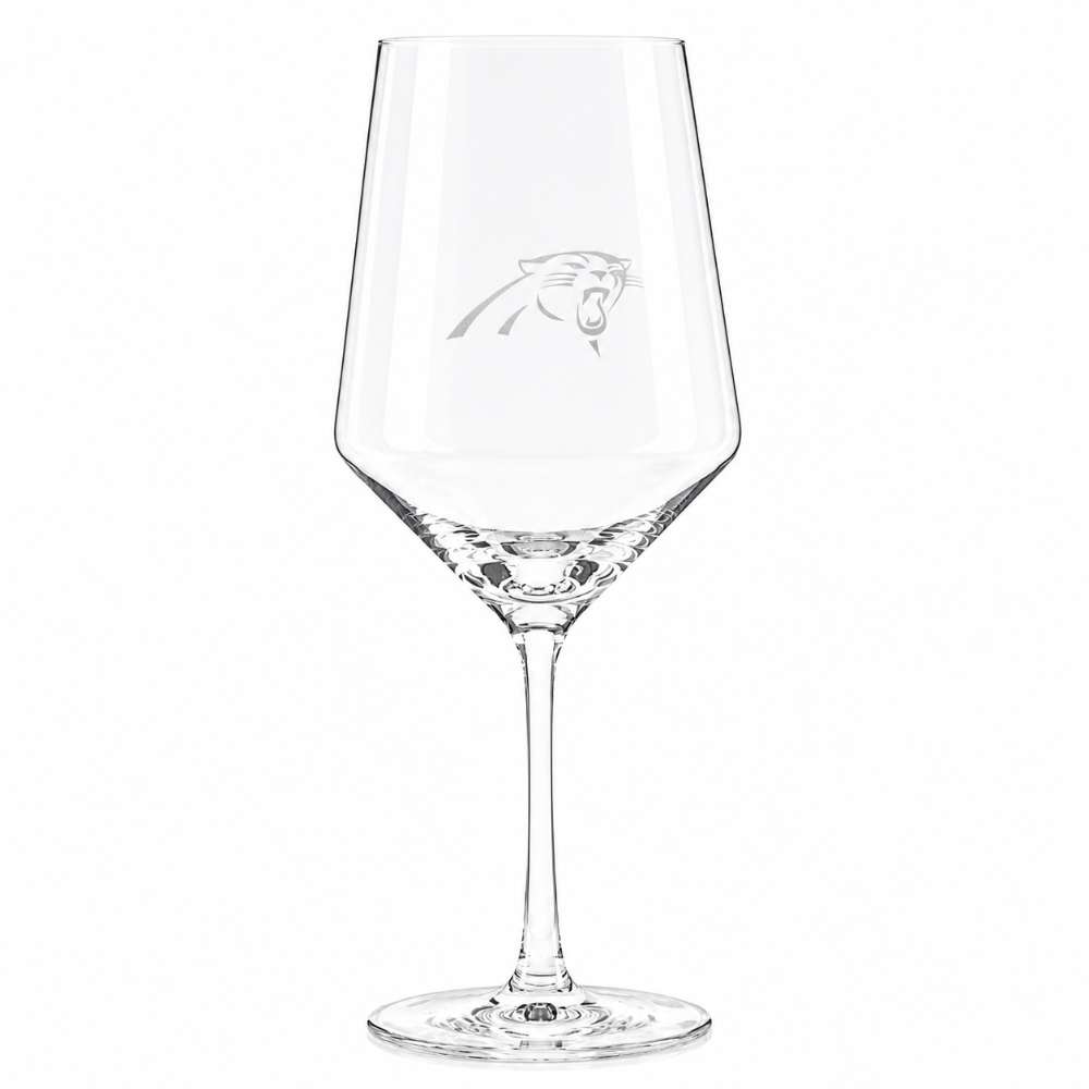Carolina Panthers Crate & Barrel NFL Tour 18oz Red Wine Glass, Set of 4 featuring the Panthers roaring cat logo etched on a clear stemmed wine glass