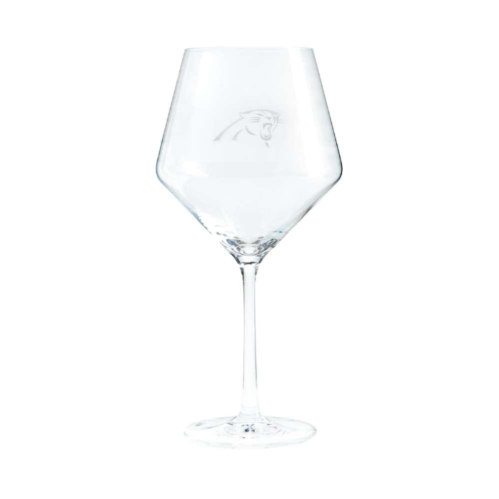 Carolina Panthers Crate & Barrel NFL Tour 24oz Red Wine Glass, Set of 4 featuring the Panthers roaring panther-head logo etched on a clear stemmed wine glass