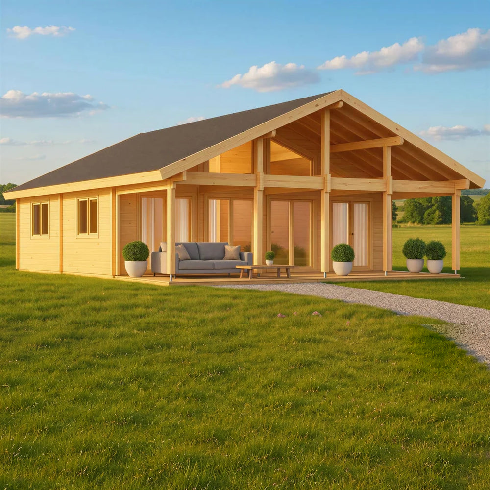 Wide-angle shot of the GardenHouse24 USA Caroline 90 Garden Room showcasing its wooden structure, gabled roof, and clean landscape in an open field