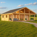 Wide-angle shot of the GardenHouse24 USA Caroline 90 Garden Room showcasing its wooden structure, gabled roof, and clean landscape in an open field