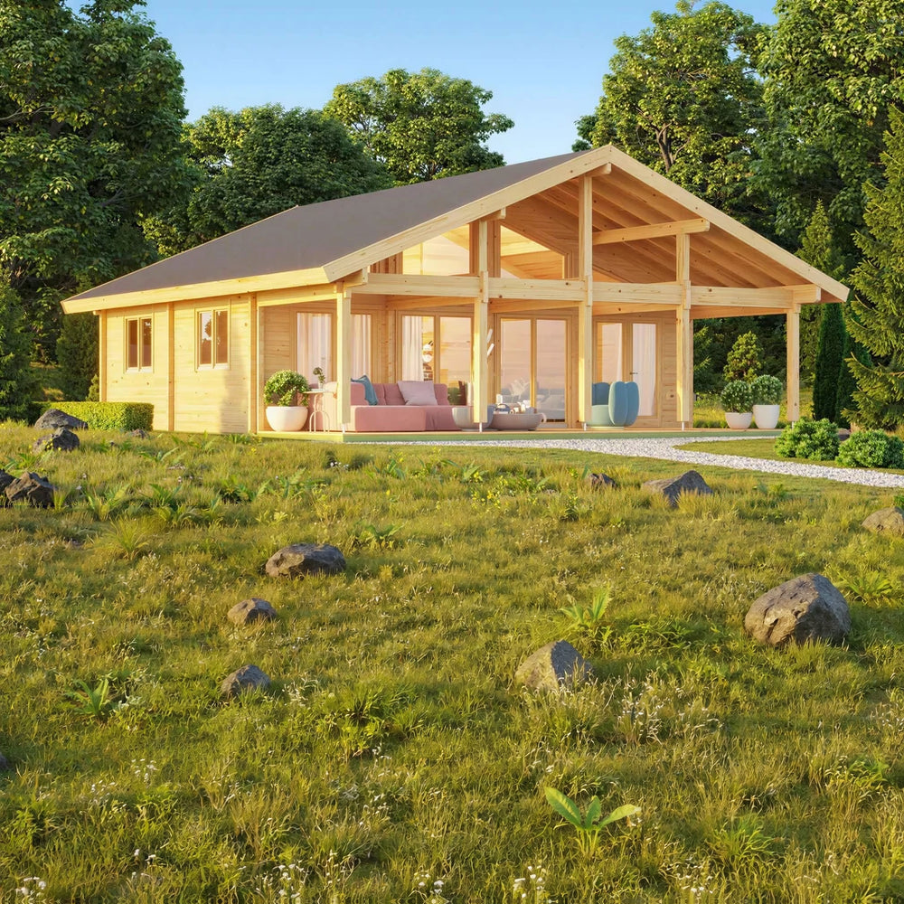 The GardenHouse24 USA Caroline 90 Garden Room showcasing its wooden structure, gabled roof, and clean landscape in the woods.