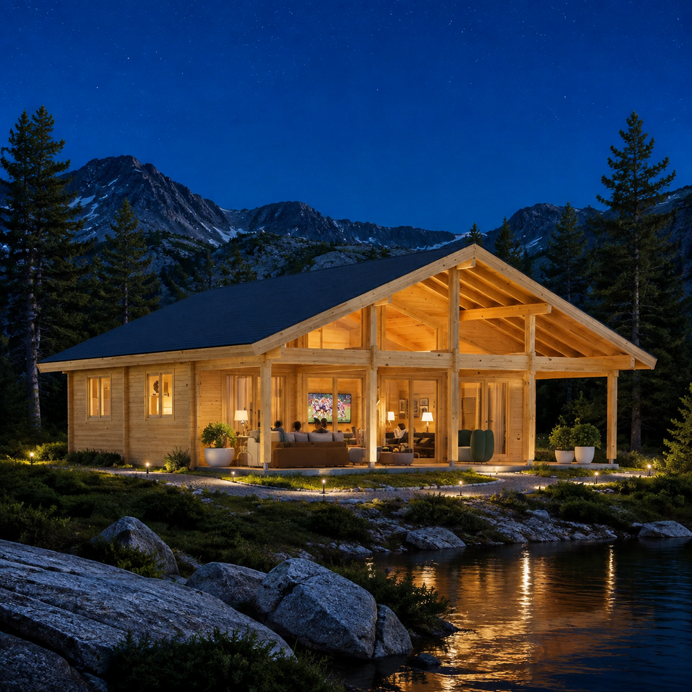 Caroline 90 glowing beside a Wyoming alpine lake while family and friends watch football inside.