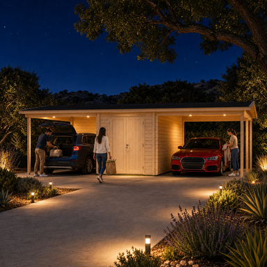 Brightly illuminated Carport Hans 70 at night in California with two vehicles and adults arriving home with their bags.