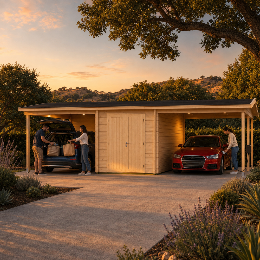 Carport Hans 70 during golden hour in California as adults unload a vehicle and connect another car to a home charger.