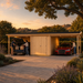 Carport Hans 70 during golden hour in California as adults unload a vehicle and connect another car to a home charger.