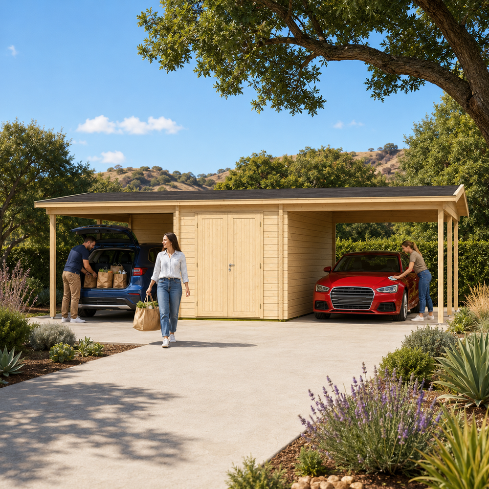 Carport Hans 70 in sunny California with two parked vehicles as adults unload groceries and clean a car.