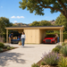 Carport Hans 70 in sunny California with two parked vehicles as adults unload groceries and clean a car.