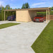 A spacious driveway leads up to the GardenHouse24 USA Carport Hans 70 Garden Room, which features two car bays and a central double-door storage shed