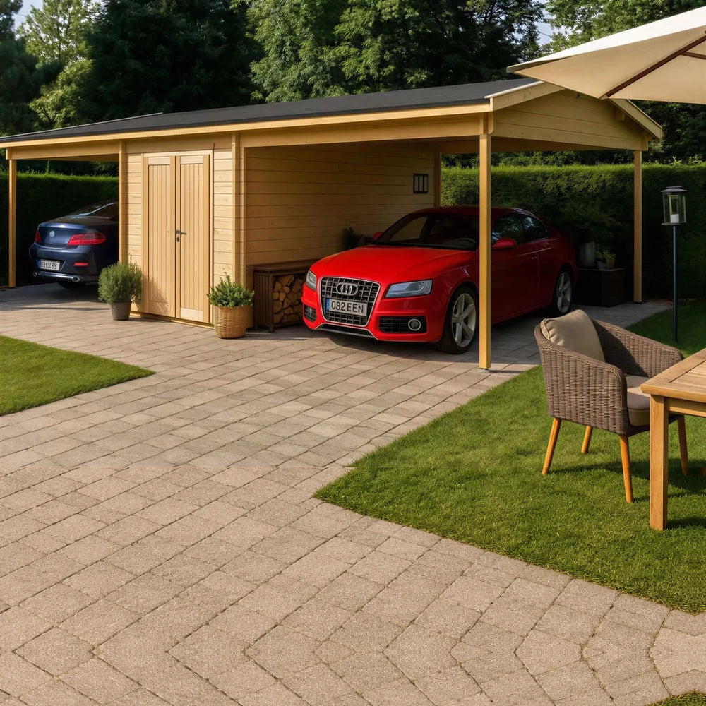 GardenHouse24 USA Carport Hans 70 Garden Room is seen here in a cozy garden setting with wicker furniture nearby and logs neatly stored under one of the carports