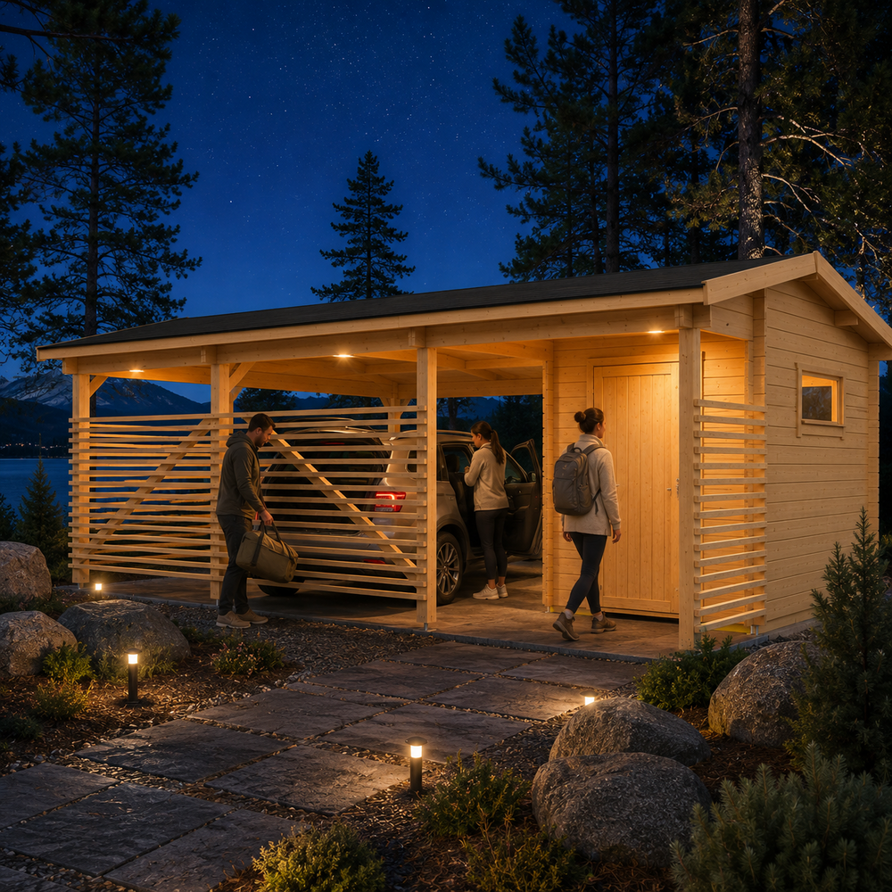 Brightly illuminated Carport Hugo 44 at night near Lake Tahoe as adults arrive home and unload a vehicle behind the slatted screen.