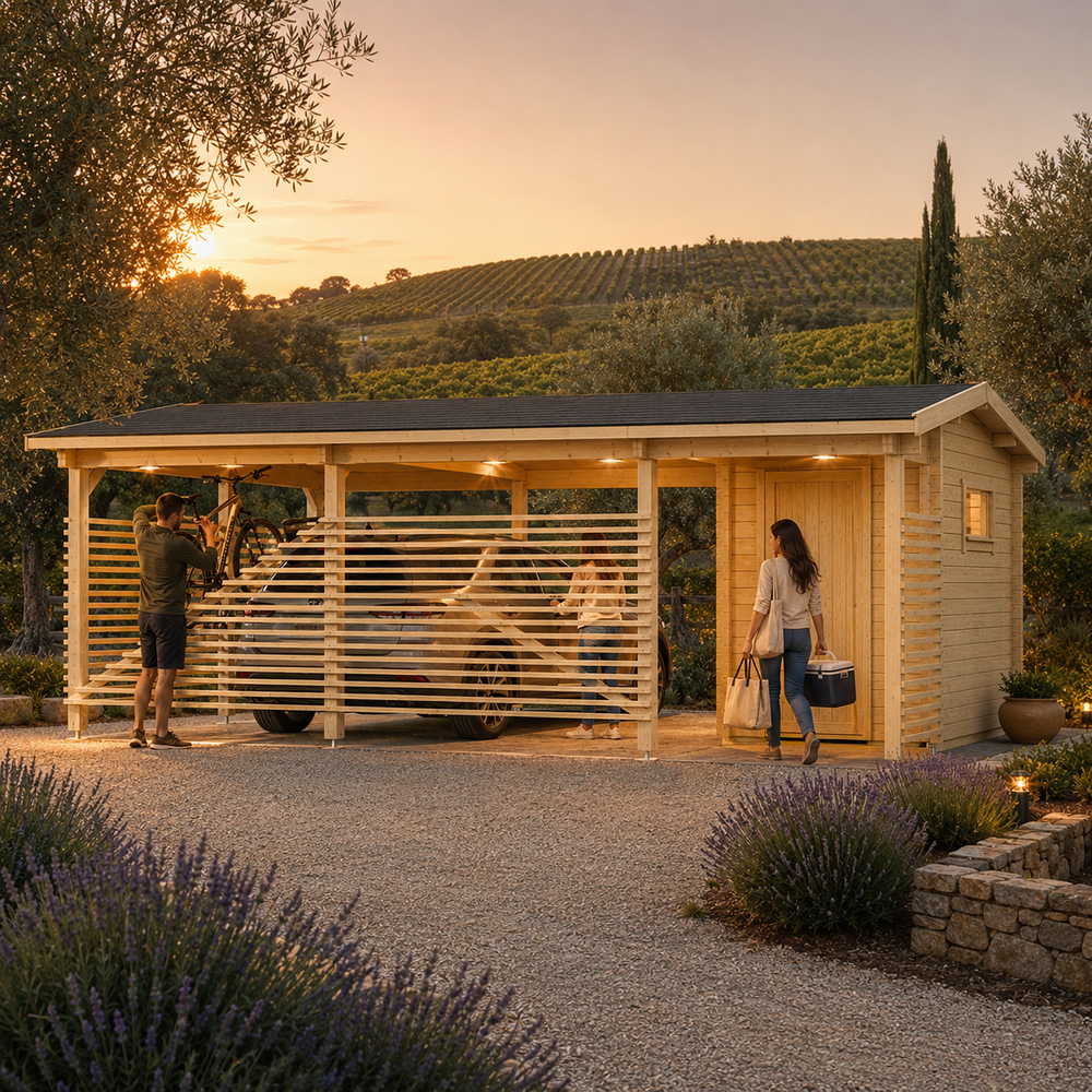 Carport Hugo 44 at golden hour in Napa Valley as adults handle a bicycle and carry bags beside a parked vehicle.