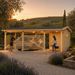 Carport Hugo 44 at golden hour in Napa Valley as adults handle a bicycle and carry bags beside a parked vehicle.