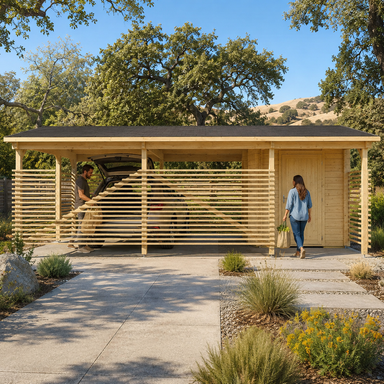 Carport Hugo 44 in the sunny Sierra foothills as two adults unload groceries from a vehicle behind the decorative wooden screens.