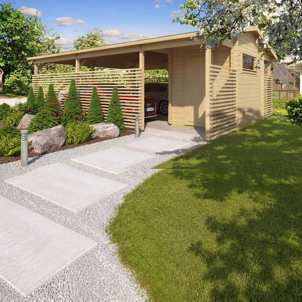A wooden GardenHouse24 USA Carport Hugo 44 Garden Room with a cozy garden room and horizontal slat panels stands nestled in a lush garden