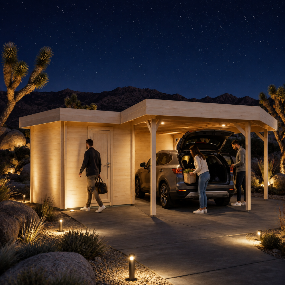 Brightly illuminated Carport Kampen 44 at night near Joshua Tree as adults arrive home and unload their vehicle.