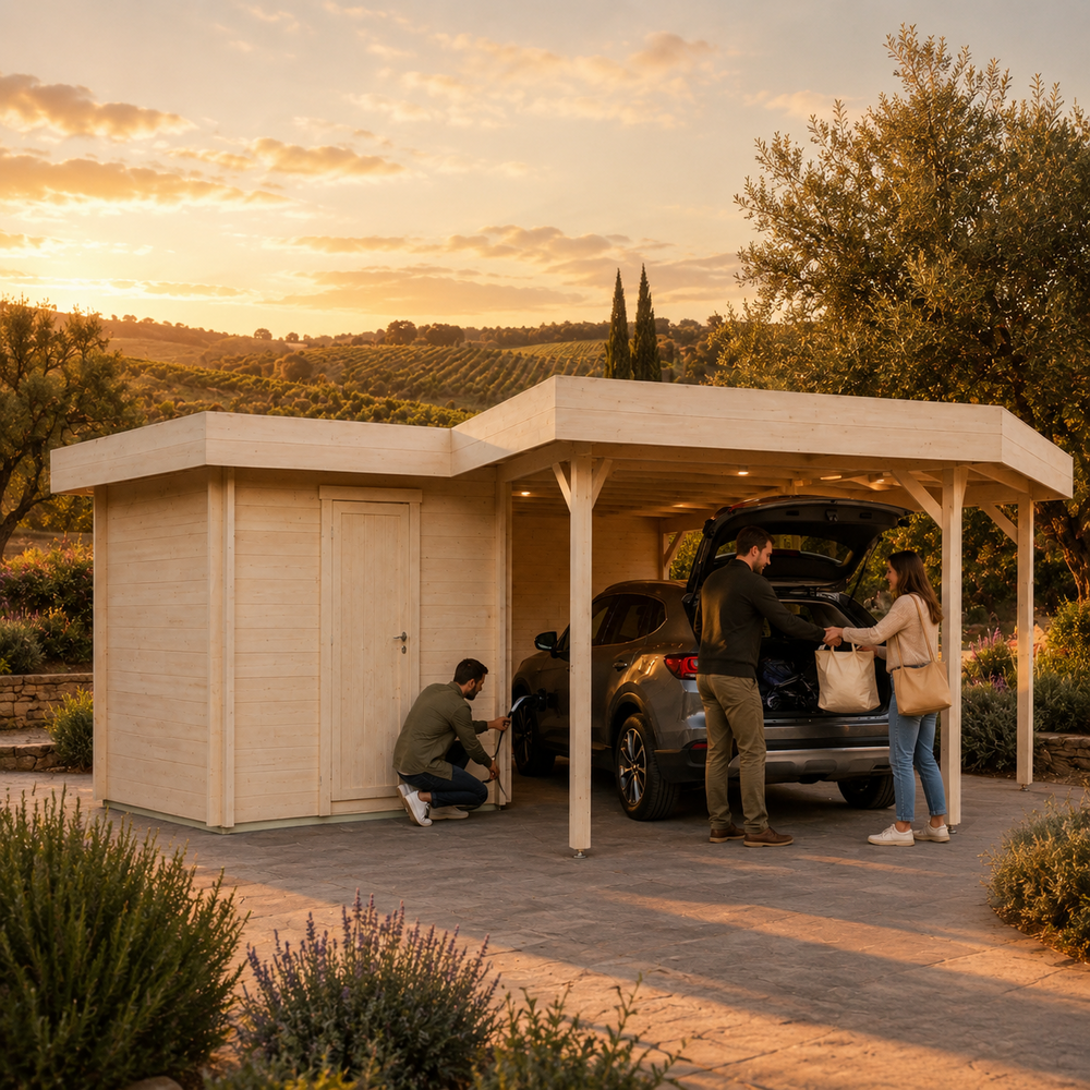 Carport Kampen 44 at golden hour in Sonoma wine country as adults unload bags and check a vehicle beneath the canopy.