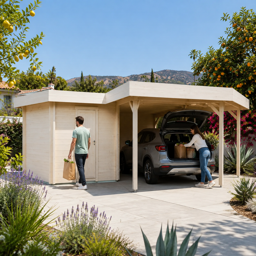Carport Kampen 44 in a sunny San Diego garden as two adults unload groceries from a vehicle parked beneath the wooden canopy.