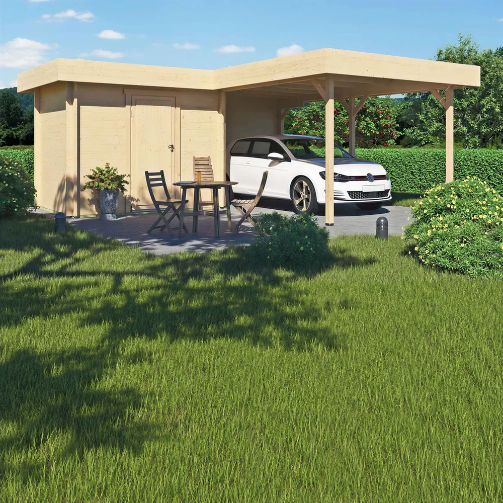 A white Volkswagen is parked next to a wooden table and chairs under the GardenHouse24 USA Carport Kampen 44 Garden Room, blending leisure and utility