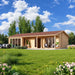 Casablanca 70 wooden garden room with a brown gabled roof, expansive windows and stylish outdoor seating in a sunny landscaped yard.