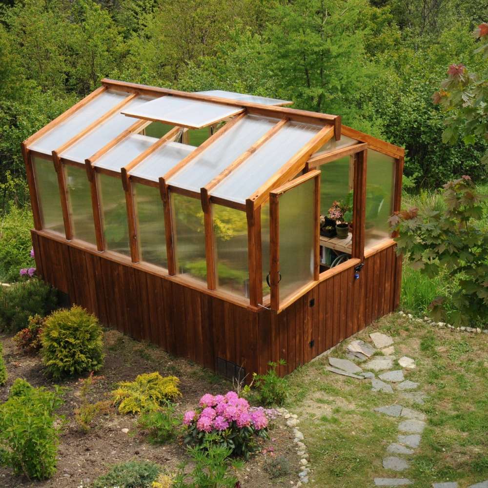 Cedar greenhouse with open roof vents in a garden shows the 8x12 Outdoor Living Today Western Red Cedar Greenhouse Kit surrounded by plants