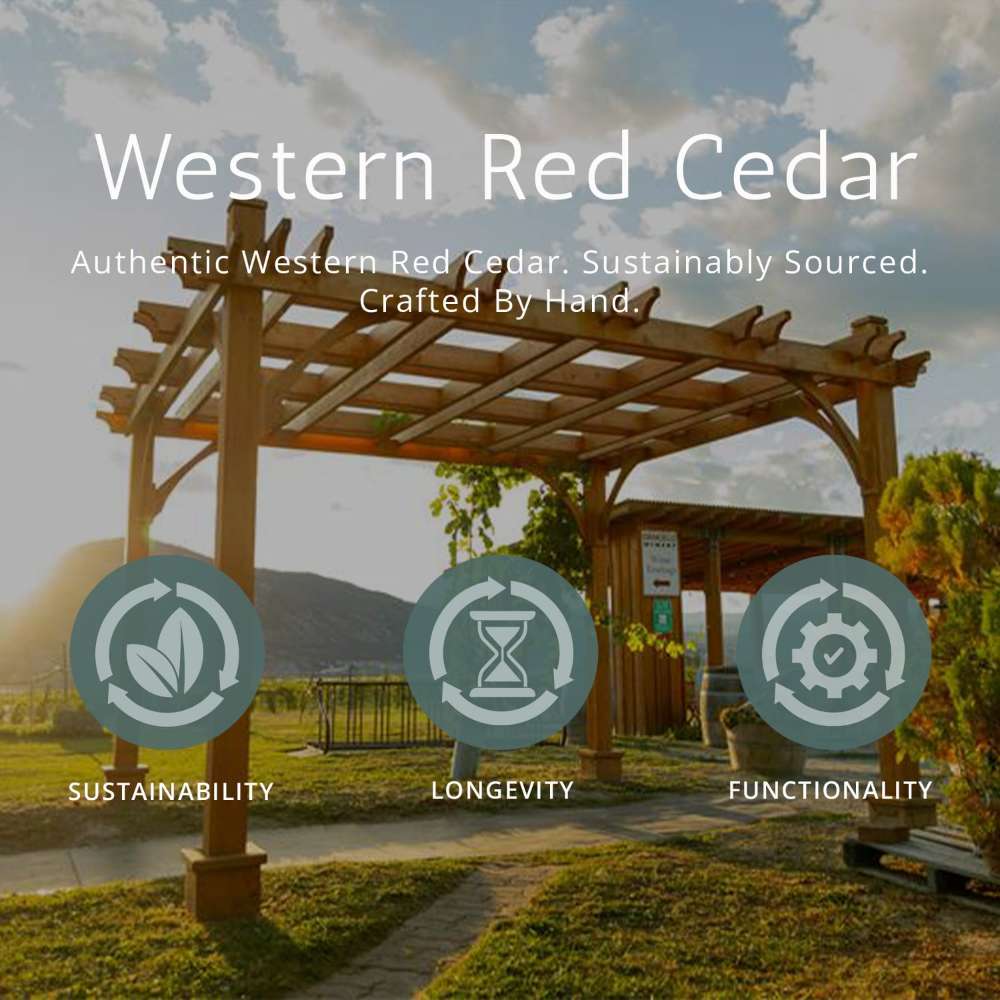 Cedar pergola in a landscape with icons highlighting features of the Outdoor Living Today Western Red Cedar Urban Escape Pergola