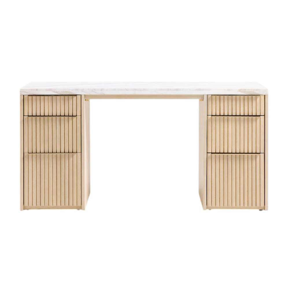 Centered front view of Crate & Barrel Batten 62" White Oak Wood Console Desk with White Marble Top with six fluted drawer fronts